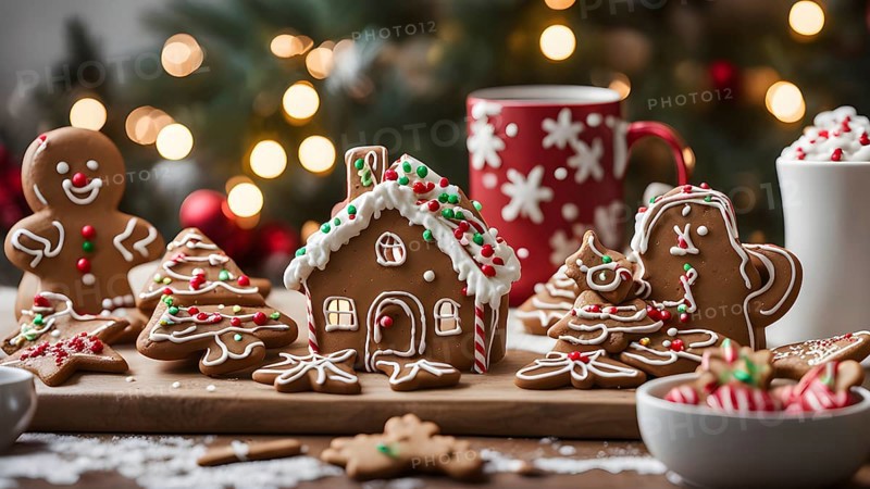 Kitchen counter filled with Christmas cookies, gingerbread houses, and mugs of hot chocolate, with festive decorations, AI generated