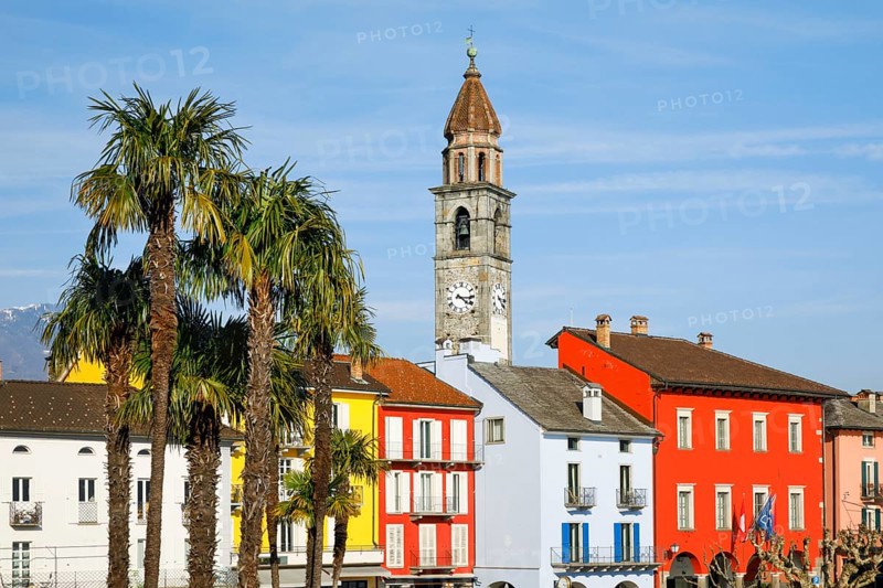 Colourful house facades on the lakeside promenade of Ascona on Lake Maggiore, Canton Ticino, Switzerland, Europe