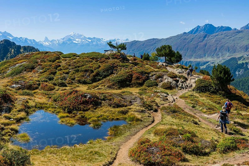 Hiking on the Moranenweg, Riederalp, tourism, hiking, hike, blue sky, Matterhorn, Aletsch Arena, Valais, Switzerland, Europe