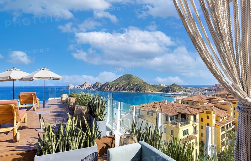 Cabo San Lucas, Los Cabos, Mexico, September 10, 2021: Mexico, Scenic panoramic aerial view of Los Cabos tourist destination Arch of Cabo San Lucas, El Arco, Playa Amantes and Playa del Divorcio, Central America