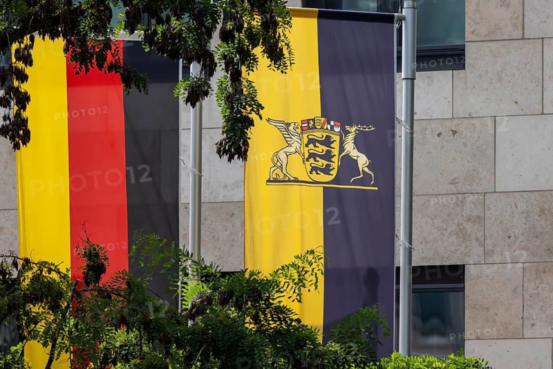 Flags of the state capital Stuttgart and the state of Baden-Württemberg with state coat of arms, Stuttgart, Baden-Württemberg, Germany, Europe