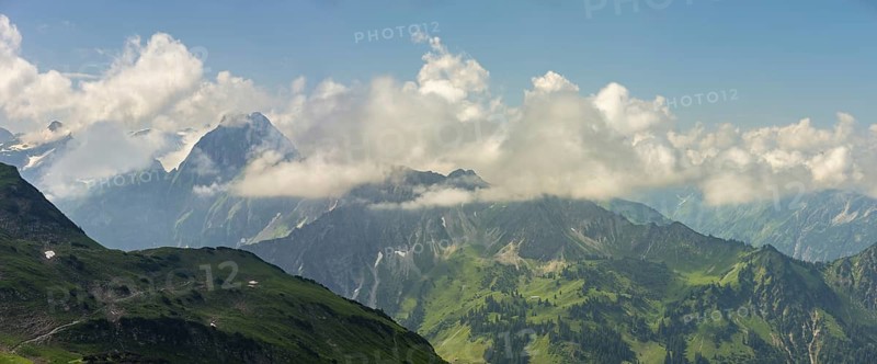Mountain panorama from Zeigersattel to Höfats 2259m, Allgäu Alps, Allgäu, Bavaria, Germany, Europe