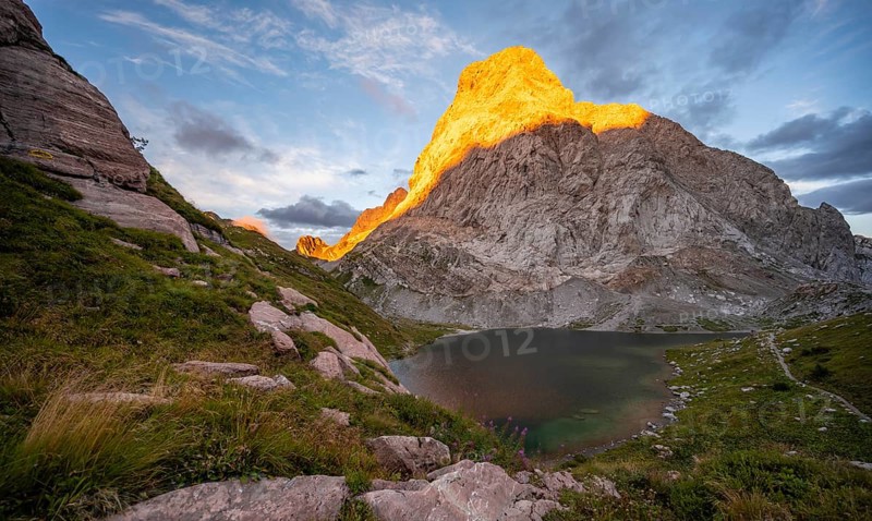 Alpenglow at Seekopf or Monte Capolago, reflection in Wolayersee, mountain landscape with green meadows and mountain lake at sunset, Carnic Alps, Carnic High Trail, Carinthia, Austria, Europe