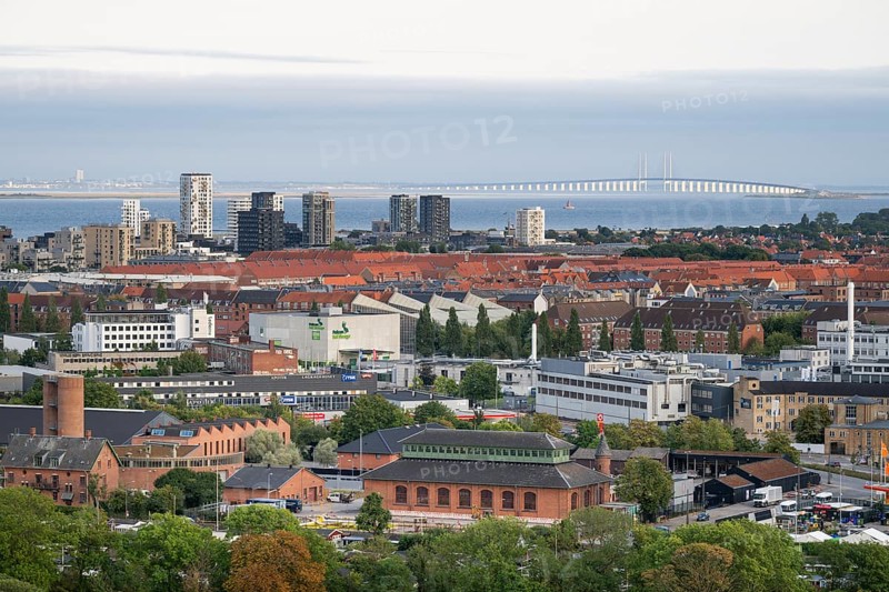 View from the Vor Frelsers Kirke to the island of Amager, the Øresund Bridge or Øresundsbron and Malmö, Copenhagen, Denmark, Europe