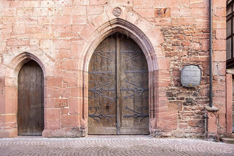 Old town hall in the old town centre, sandstone façade, wooden gates. Miltenberg, Lower Franconia, Bavaria, Germany, Europe