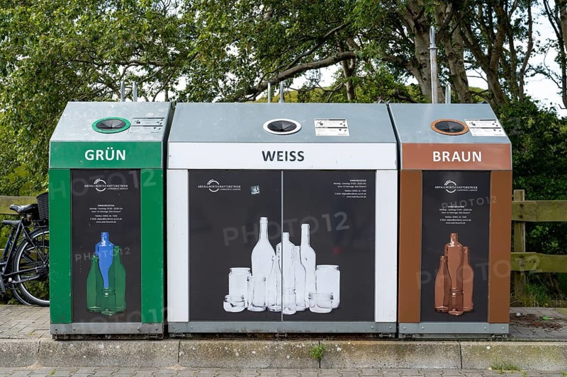 Container for used glass, sorted by colour, Norderney, East Frisian Island, East Frisia, Lower Saxony, Germany, Europe