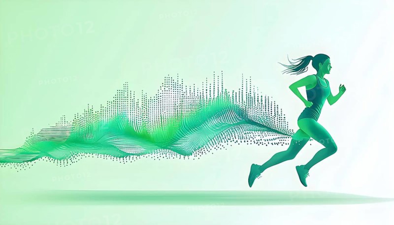 Illustration of a wave of data points shaping into a female runner silhouette, blue and green pastel hues, conveying speed and precision guided by AI, AI generated
