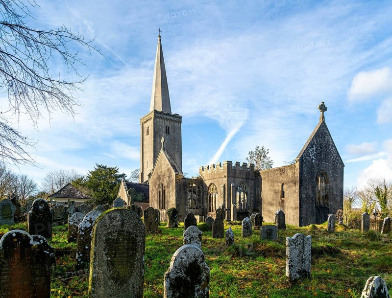 Ruins of Holy Trinity church, Buckfastleigh, north Devon, England, UK destroyed by fire in 1992