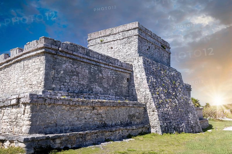 Pyramid El Castillo, the Castle, in Tulum Archaeological Zone with Mayan pyramids and ruins located on the scenic ocean shore of Quintana Roo province