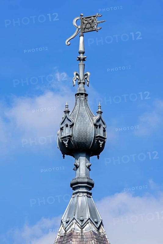 Spire with wind vane, weather vane on tower of the 1750 Poeke Castle, Kasteel van Poeke in Rococo style near Aalter, East Flanders, Belgium, Europe