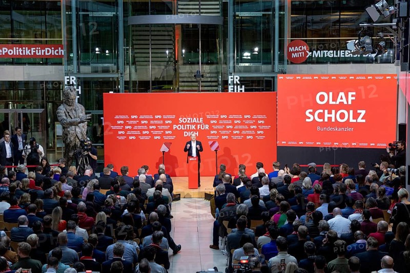 Berlin, Germany - 30 November 2024: Olaf Scholz, Federal Chancellor and lead candidate of the SPD for the 2025 federal election, speaks at the Willy Brandt House during the so-called Election Victory Conference at the start of the federal election campaign
