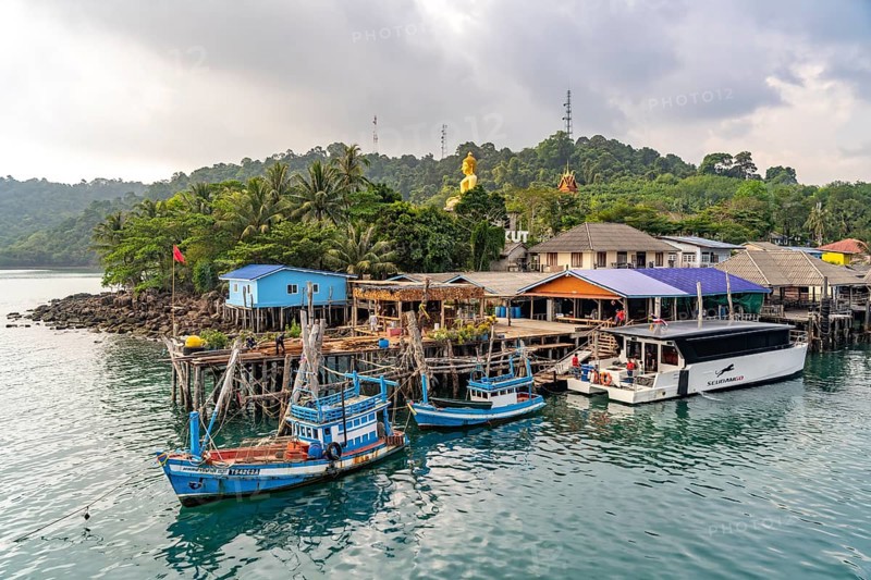 Fishing village Ban Ao Salad and the big Buddha of Wat Ao Salat on the island of Ko Kut or Koh Kood in the Gulf of Thailand