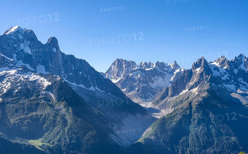 Mountain landscape with mountain peak Grandes Jorasses and glacier Mer de Glace, Mont Blanc massif, Chamonix-Mont-Blanc, Haute-Savoie, France, Europe