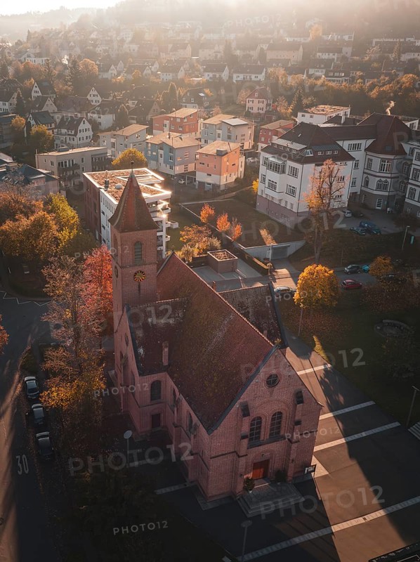 Church in urban surroundings in autumn weather and oblique sunlight, Nagold, Black Forest, Germany, Europe
