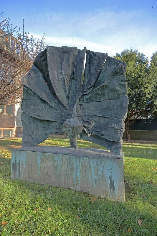 Sculpture peacock figure by Gotthelf Schlotter 1972, peacock wheeling, castle grounds, Friedberg, Wetterau, Hesse, Germany, Europe