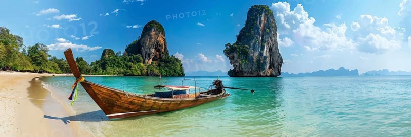 Long tail boat, asian vacation onf Thailand Islands. Tropical beach with limestone rocks, AI generated