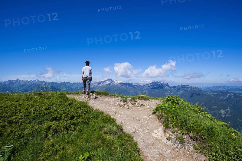 Hiking trail from Fellhorn, 2038m, to Söllereck, Allgäu Alps, Allgäu, Bavaria, Germany, in the background the mountain Hoher Ifen, 2230m, Vorarlberg, Austria, Europe