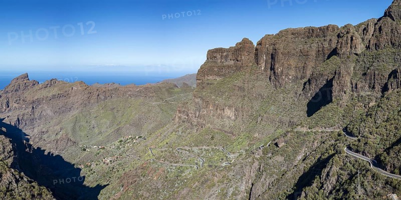 The mountain village of Masca surrounded by volcanic rock formations and the Masca Gorge, Barranco de Masca, Teno Mountains, Tenerife, Canary Islands, Spain, Europe