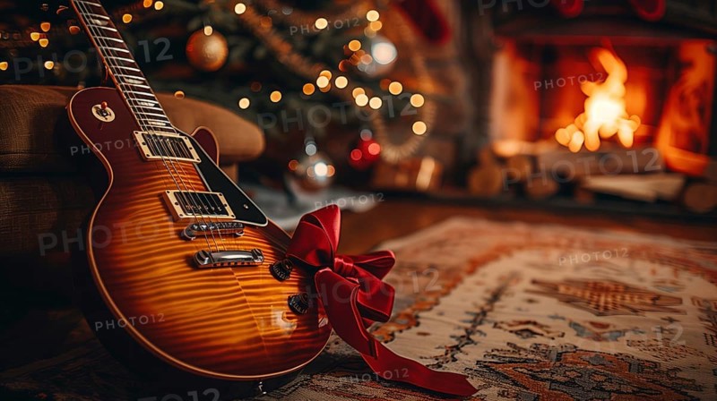 Brand new electric guitar christmas gift with a red bow under the tree. generative AI., AI generated