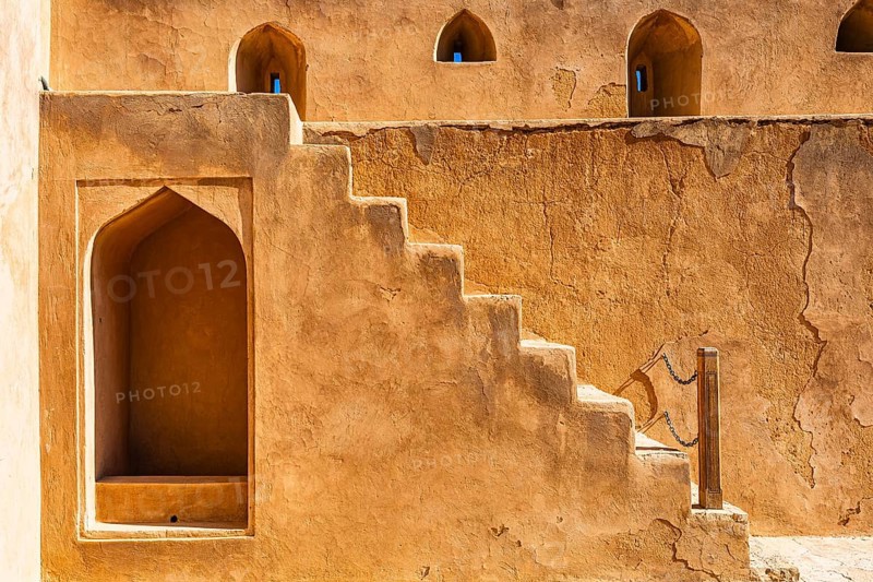 Staircase and embrasures in the palace fortress of Jabrin, Jabrin, near the city of Bahla, Arabian Peninsula, Sultanate of Oman