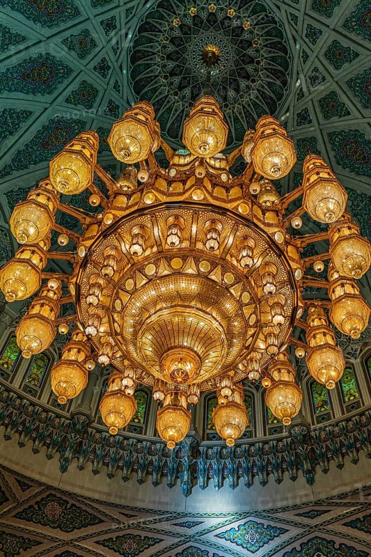 Dome and illuminated chandelier in the Sultan Qaboos Mosque, Muscat, Arabian Peninsula, Sultanate of Oman