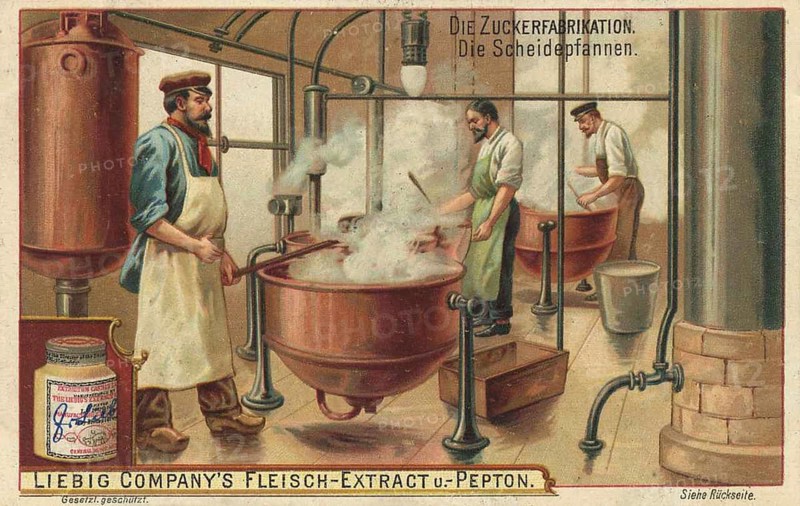 Picture series The sugar factory, the separating pans, Liebig picture, digitally restored reproduction of a collector's picture from around 1900, public domain, exact date unknown, men in a factory supervising the cooking in large kettles