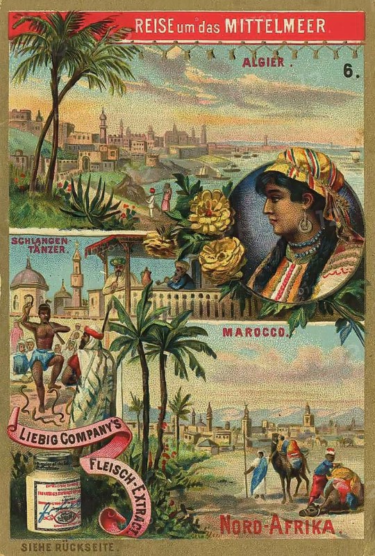 Picture series Journey around the Mediterranean, Algeria and Morocco, Liebig picture, digitally restored reproduction of a collector's picture from around 1900, public domain, exact date unknown, depiction of North Africa with exotic landscapes, dancers and North African architecture
