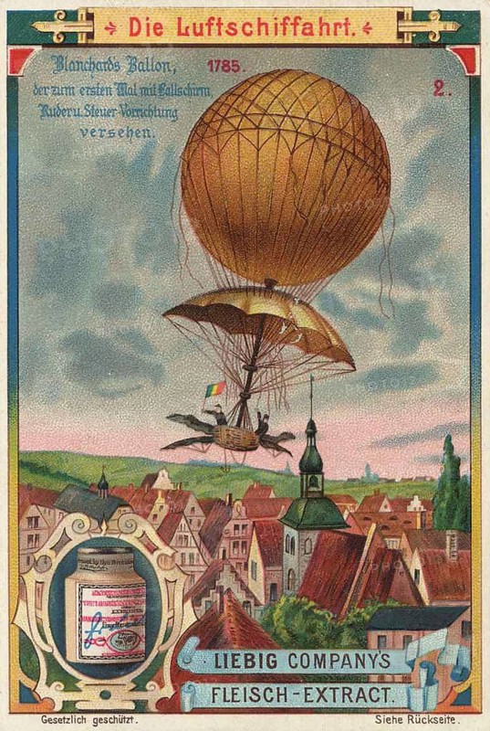 Series Die Luftschiffahrt, Luftschifffahrt, Blanchard's balloon, the first with parachute, rudder and steering device, 1785, Liebig picture, digitally restored reproduction of a collection picture from ca 1900, public domain, exact date unknown, picture of Blanchard's balloon from 1785 with a view of a town and a picturesque sky in the background