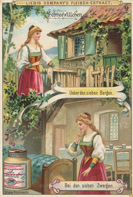 Picture series German fairy tales, Snow White, Liebig picture, digitally restored reproduction of a collector's picture from around 1900, public domain, exact date unknown, Snow White in a dwarf's house surrounded by an idyllic mountain landscape