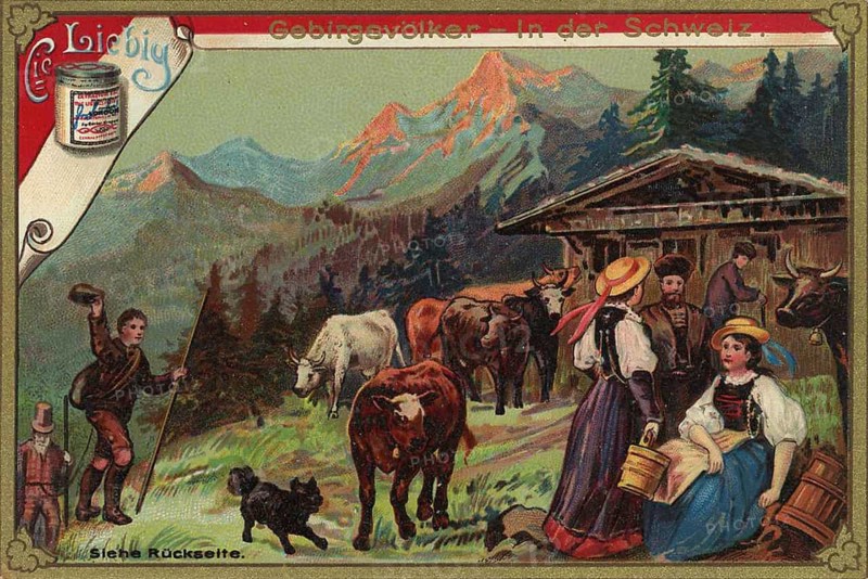 Picture series Mountain peoples, in Switzerland, Liebig picture, digitally restored reproduction of a collector's picture from around 1900, public domain, exact date unknown, Alpine life in Switzerland with cows and people in traditional traditional costume against a mountain backdrop
