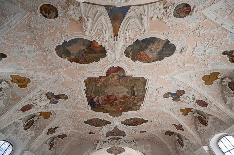 Vaults with stucco work and frescoes in the parish church of St. John the Baptist, built in 1475 as a Gothic church, baroqueised from 1732 to 1755, Hiltpoltstein, Middle Franconia, Bavaria, Germany, Europe