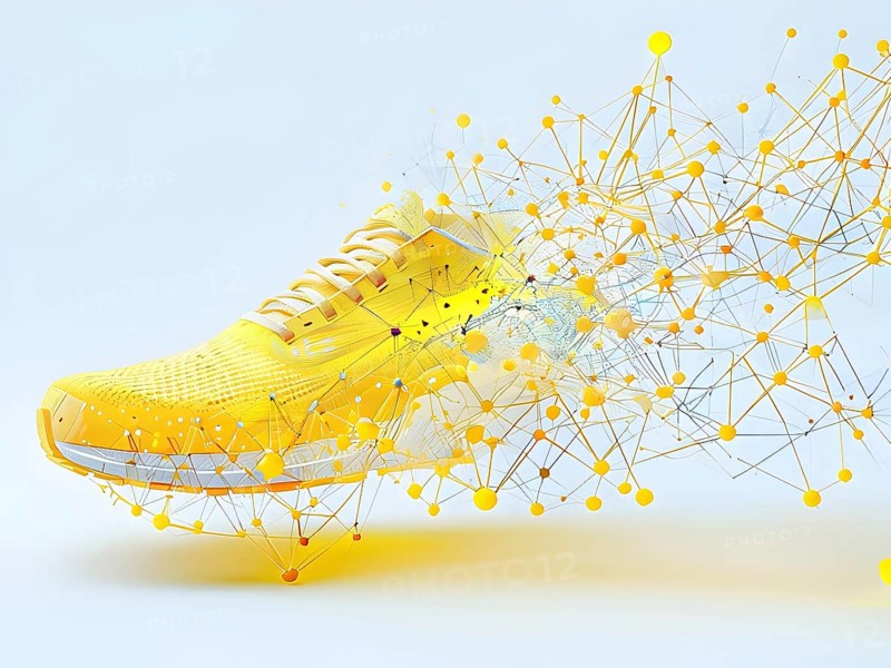 Running shoe, breaking into pixels and data points, morphing into a network of neural nodes, AI generated