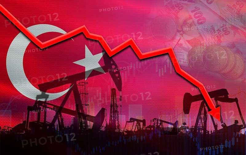 Oil crisis with Turkey flag on financial graph. Fall oil price with Turkey flag on economic chart