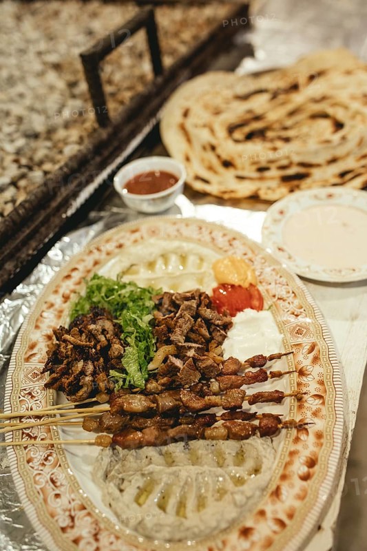 Shawarma, kebabs, hummus, muttabal, baba ghanoush, chutney, camel restaurant, Ittin Park, Salalah, Dhofar, Oman, Asia