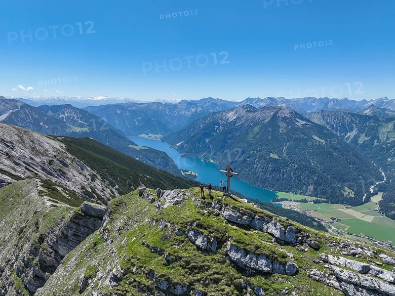 Aerial view, summit of the Unnütz, behind Achensee and Seekarspitze, Unnütz crossing, Brandenberg Alps, Tyrol, Austria, Europe