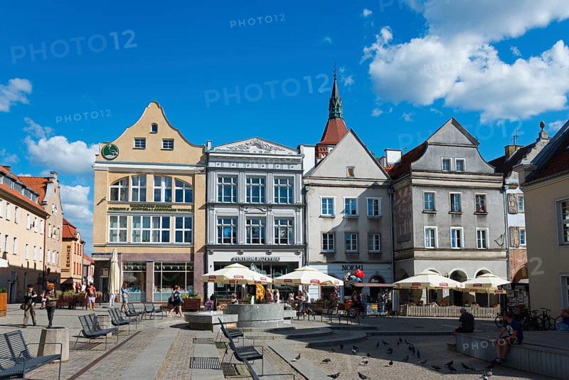 Historic market square with cafés and pigeons, surrounded by impressive architecture, Market square, Old Town, Olsztyn, Alleinstein, Warmia-Masuria, Poland, Europe