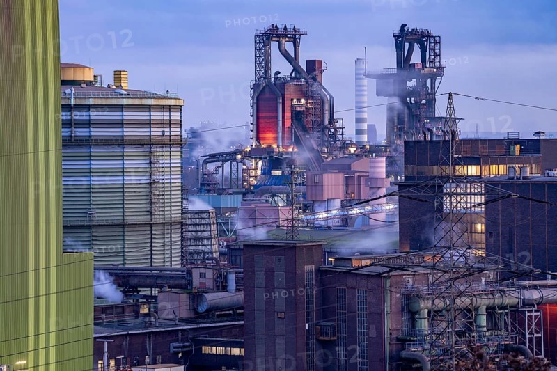 Panorama of the Thyssenkrupp Steel steelworks in Duisburg-Bruckhausen, blast furnaces 8 and 9, North Rhine-Westphalia, Germany, Europe