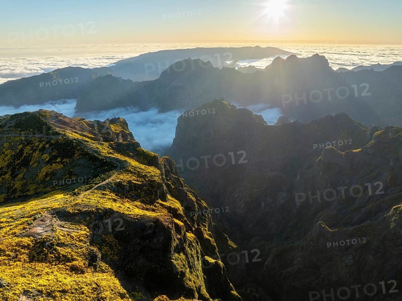 Aerial view at Pico do Arieiro of mountains over clouds with blooming Cytisus shrubs on sunset with sunburst. Madeira island, Portugal, Europe