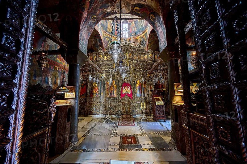 Interior view of a magnificent Orthodox church with icons, altarpieces and elaborate decoration, Inside the monastery, Agiou Theologou Monastery, Chora, Patmos, Dodecanese, Greek Islands, Greece, Europe