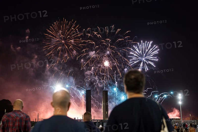 Spectators watch the fireworks at the Pyronale on the Maifeld at the Olympic Stadium, Berlin, 30/08/2024