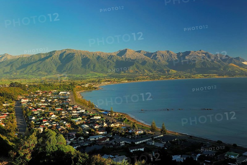 View of Kaikoura with Kaikoura Range, Pacific Ocean, Canterbury, South Island New Zealand, Kaikoura, Canterbury, New Zealand, Oceania