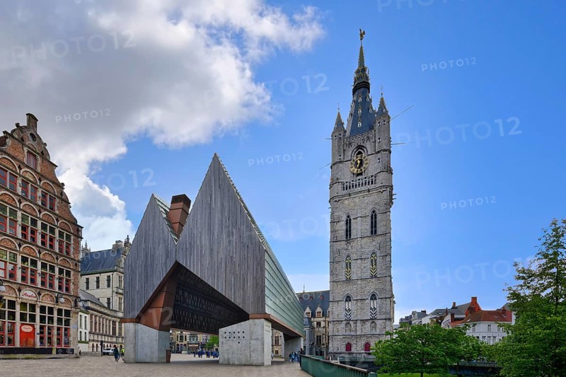 14th century Ghent Belfry and the City Pavilion, Ghent, Flanders, Belgium, Europe