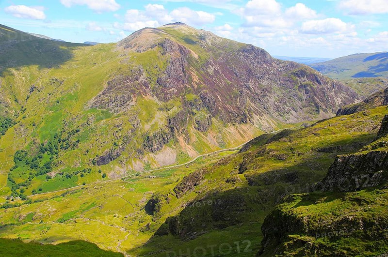 Looking down to Llanberis Pass from Mount Snowdon, Gwynedd, Snowdonia, north Wales, UK