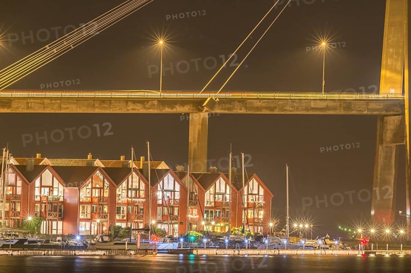 Stavanger, suspension bridge ByBrua over the fjord at night, leisure boats at marina, Stavanger, Norway, Europe
