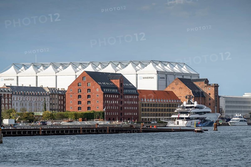 Head office or headquarters of the Møller-Mærsk Group, also known as Maersk and brick building with collection of classical European sculptures, former warehouse, harbour, Copenhagen, Denmark, Europe