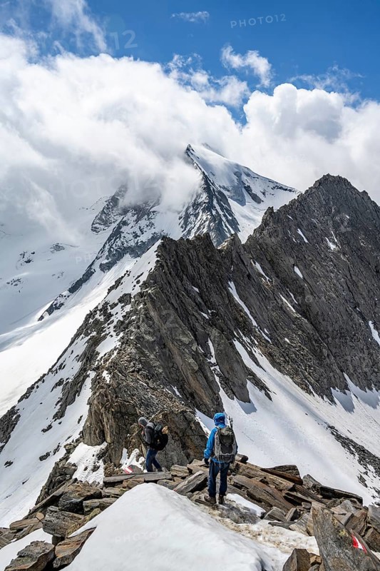 Mountaineer on the summit of the Schönbichler Horn, glaciated summit Großer Möseler in the background, Berliner Höhenweg, Zillertal Alps, Tyrol, Austria, Europe