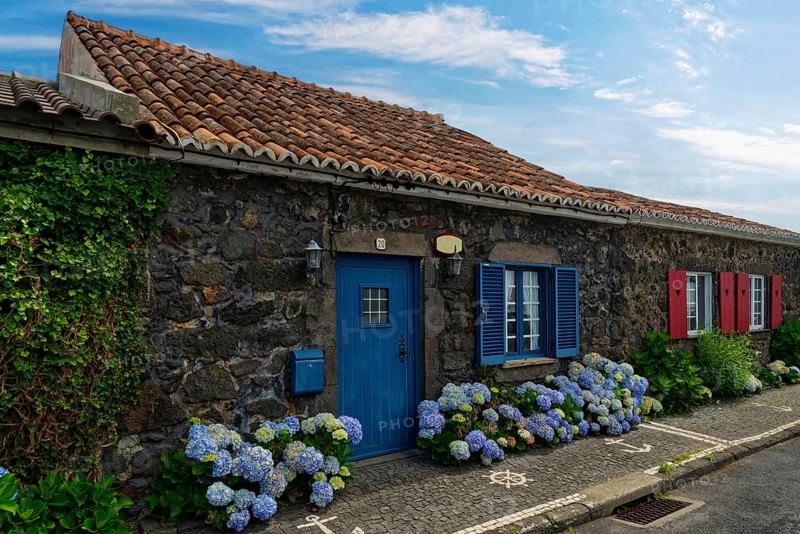 Former whaler's stone house with blue shutters and door, hydrangeas along the street, traditional tiled roof, overgrown ivy-covered area, Capelas, Sao Miguel Island, Azores, Portugal, Europe