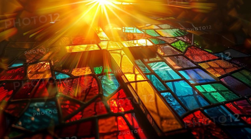 Christian cross on a stained glass in Jesus Christ church, AI generated