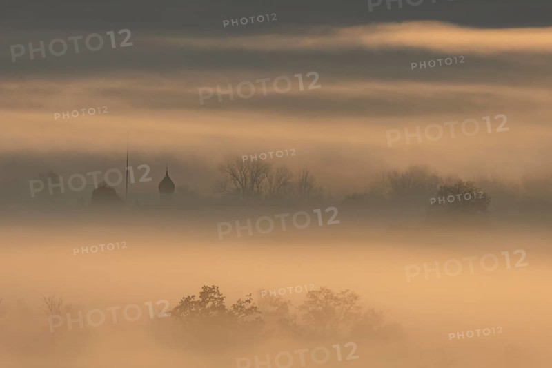 Foggy mood, fog, morning light, backlight, church tower, autumn, Loisach-Lake Kochel moor, view of Schlehdorf, Alpine foothills, Bavaria, Germany, Europe