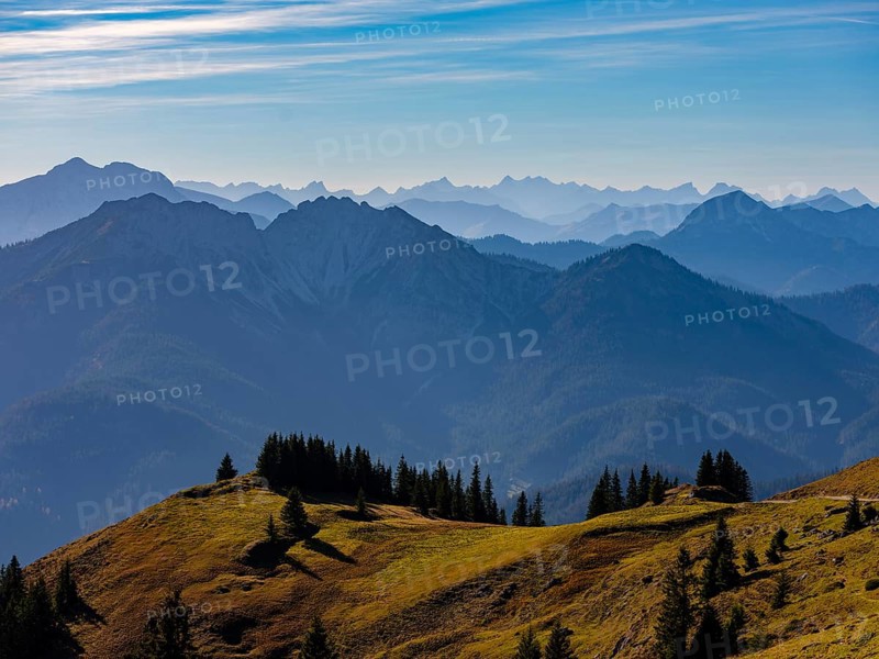Alpine panorama, view from the Rotwand area to the Brandenburg Alps, behind Karwendel, Mangfall mountains, Spitzingsee, Upper Bavaria, Bavaria, Germany, Europe
